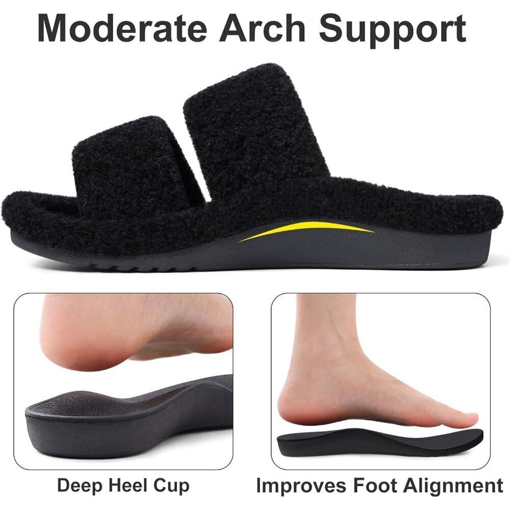Women's Black Fuzzy House Slippers with Moderate Arch Support Open Toe Cozy - Picture 4 of 6